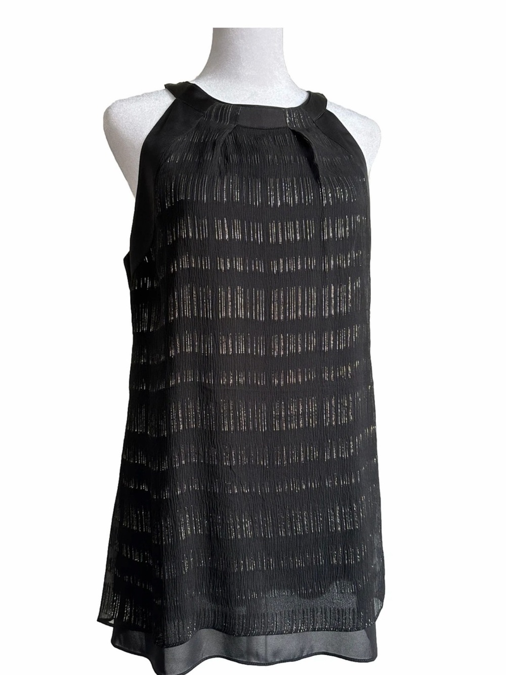 White House Black Market silk top. high low hem. silver & gold metallic threadin